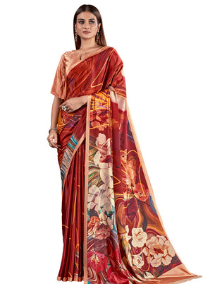 Rust Dupion Silk Saree With Blouse Piece - Indian Silk House Agencies