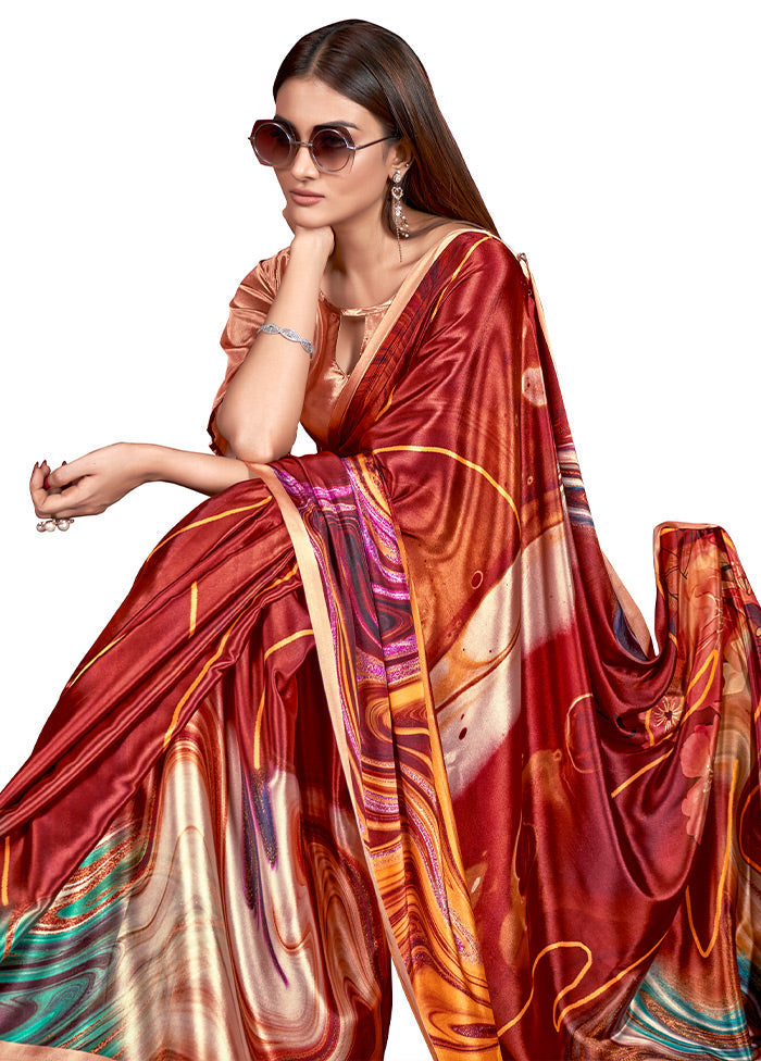 Rust Dupion Silk Saree With Blouse Piece - Indian Silk House Agencies