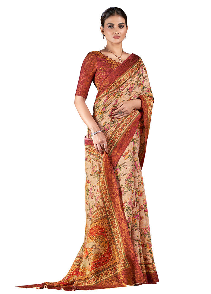 Cream Dupion Silk Saree With Blouse Piece - Indian Silk House Agencies