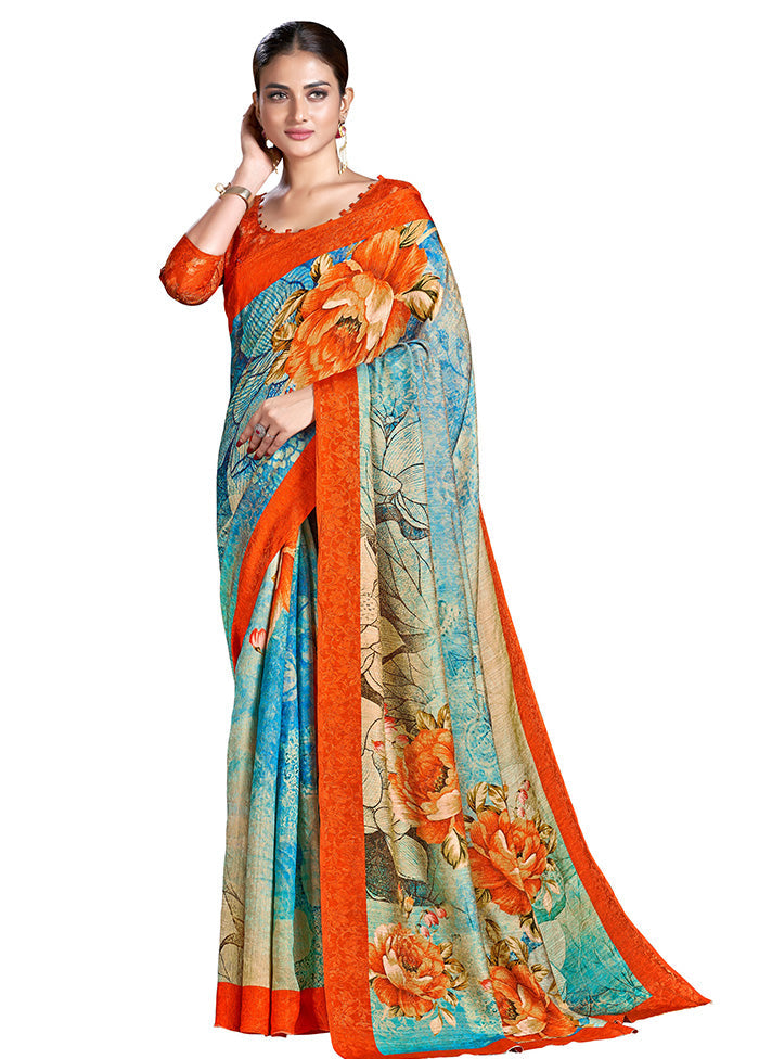 Blue Dupion Silk Saree With Blouse Piece - Indian Silk House Agencies