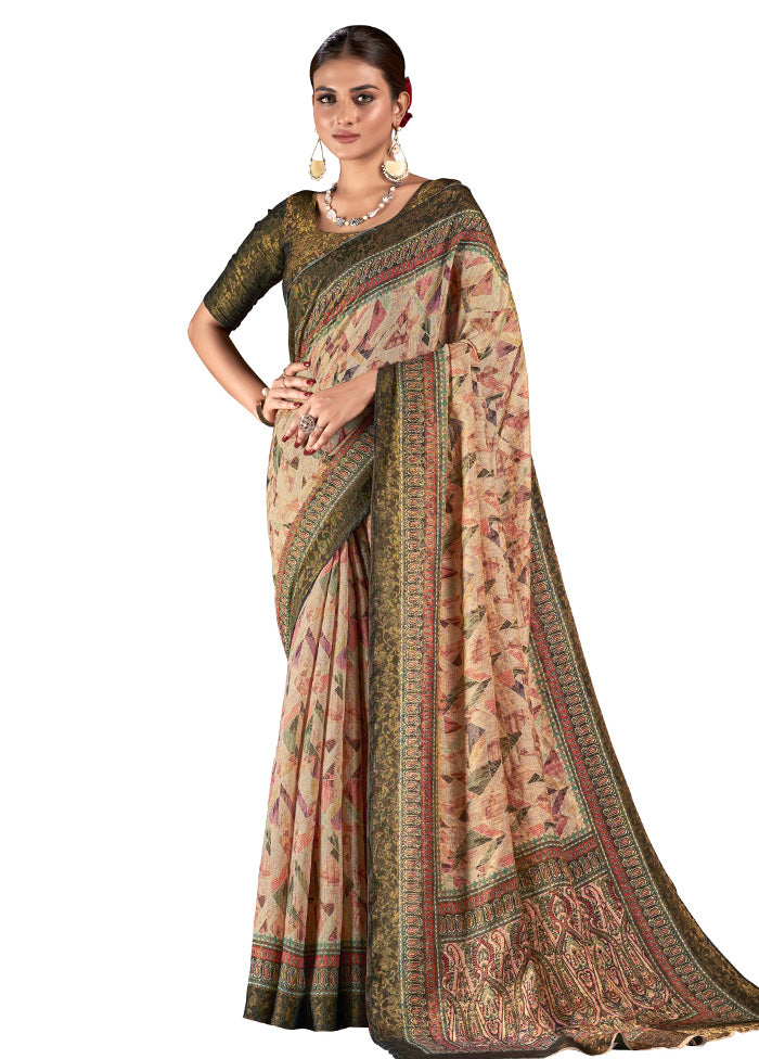 Cream Dupion Silk Saree With Blouse Piece - Indian Silk House Agencies