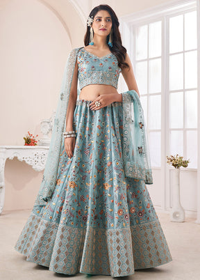 3 Pc Turquoise Silk Semi Stitched Lehenga Set