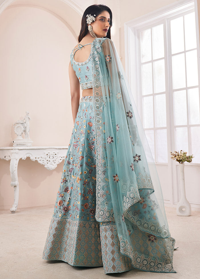 3 Pc Turquoise Silk Semi Stitched Lehenga Set