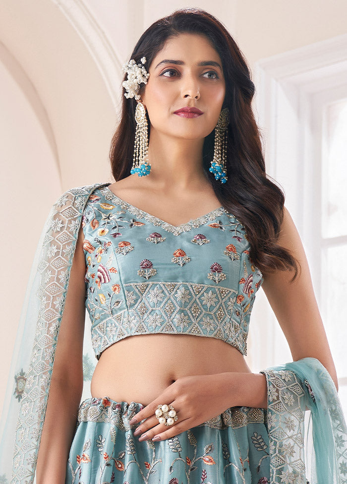 3 Pc Turquoise Silk Semi Stitched Lehenga Set