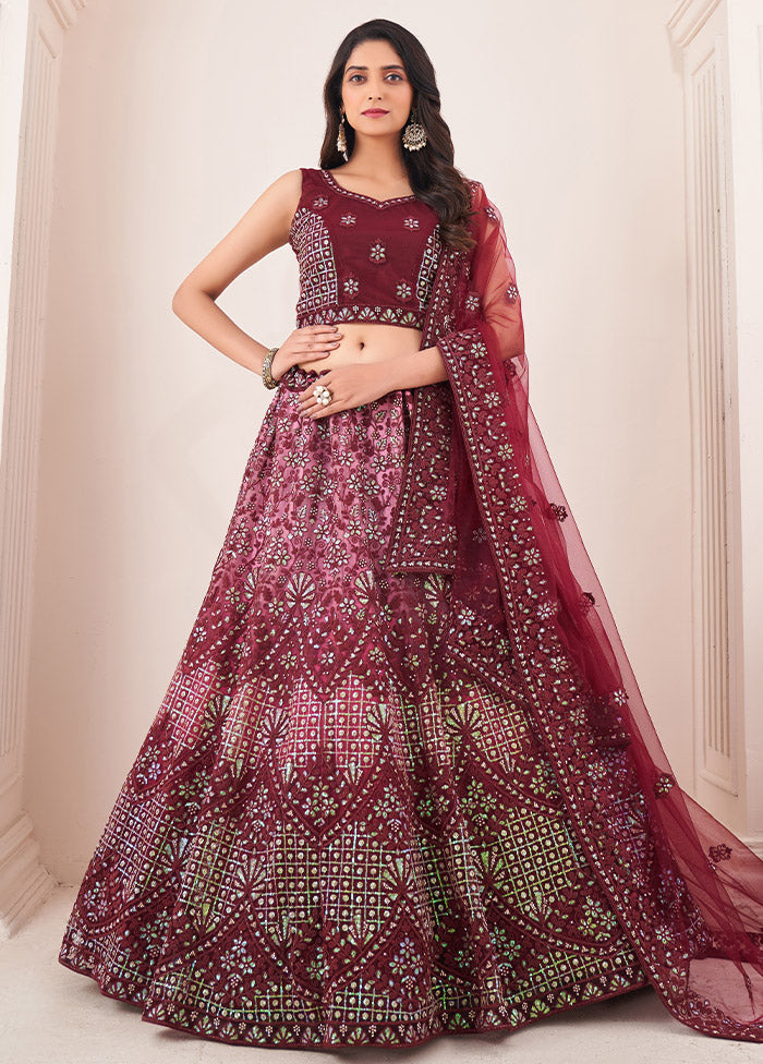 3 Pc Burgundy Net Semi Stitched Lehenga Set