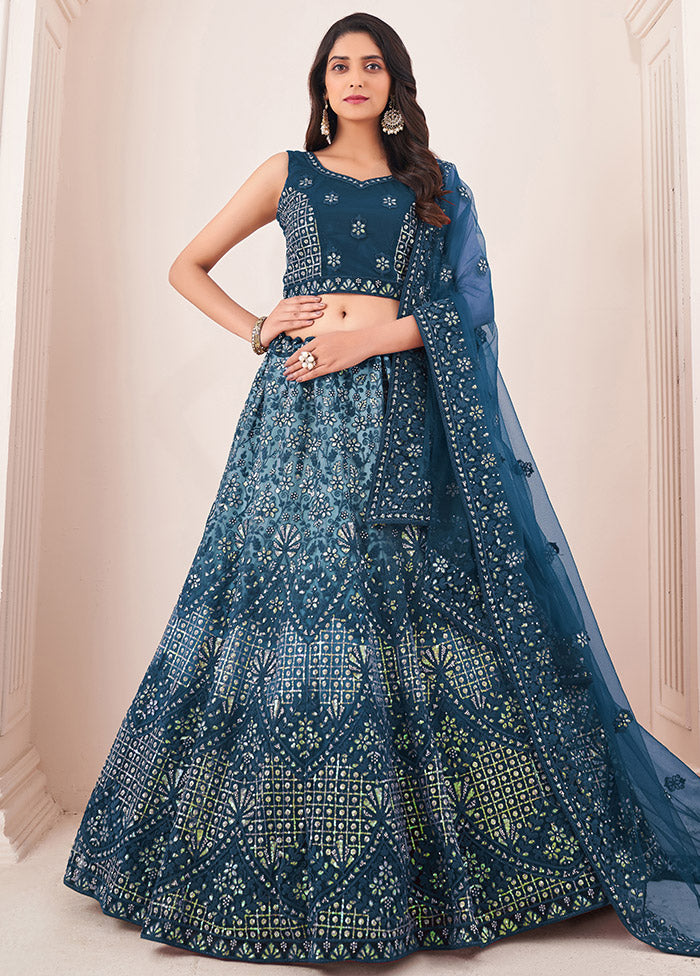 3 Pc Blue Net Semi Stitched Lehenga Set - Indian Silk House Agencies