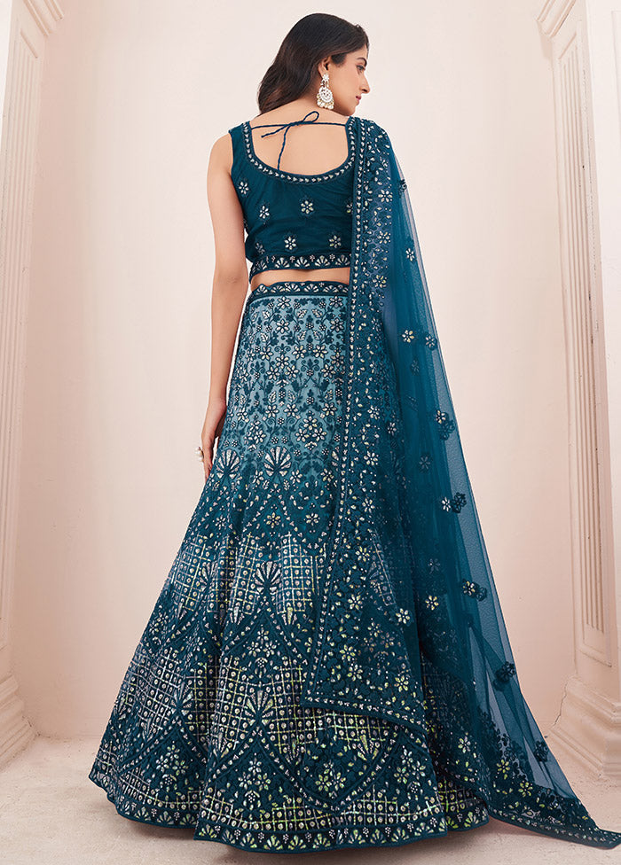 3 Pc Blue Net Semi Stitched Lehenga Set - Indian Silk House Agencies