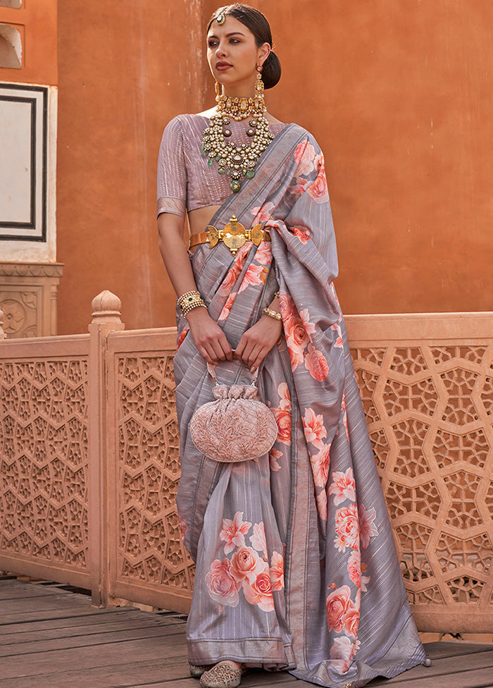 Grey Dupion Silk Saree With Blouse Piece - Indian Silk House Agencies