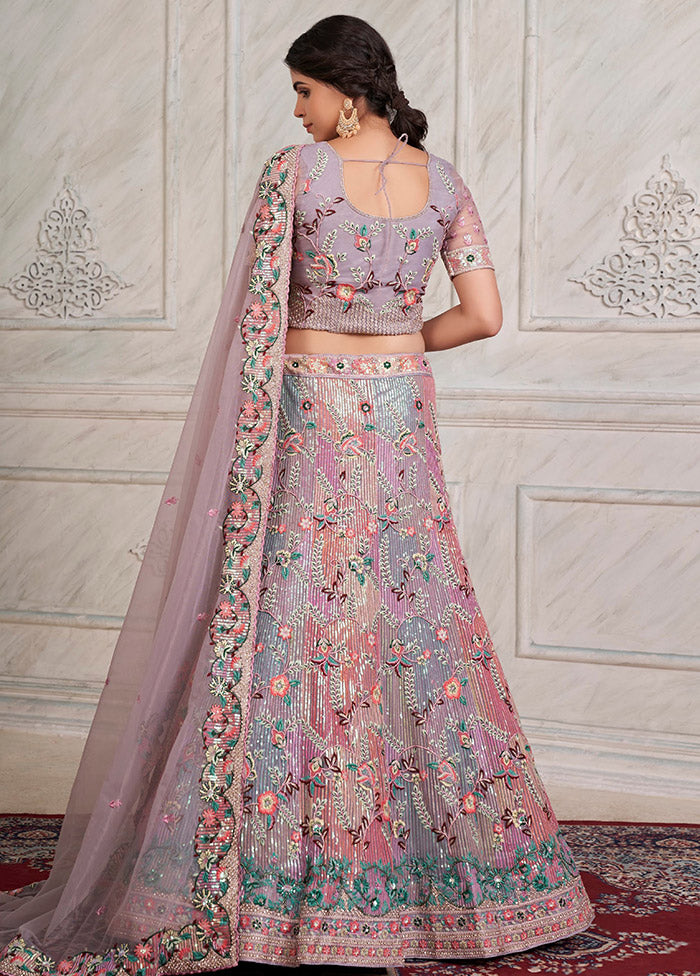 3 Pc Lilac Net Semi Stitched Lehenga Set