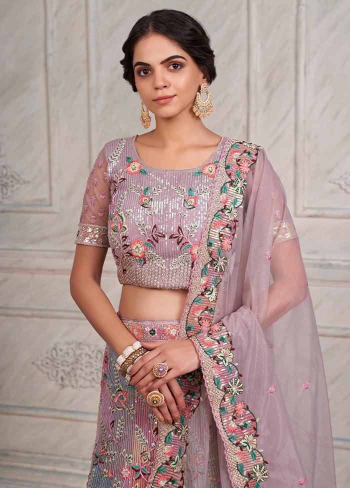 3 Pc Lilac Net Semi Stitched Lehenga Set