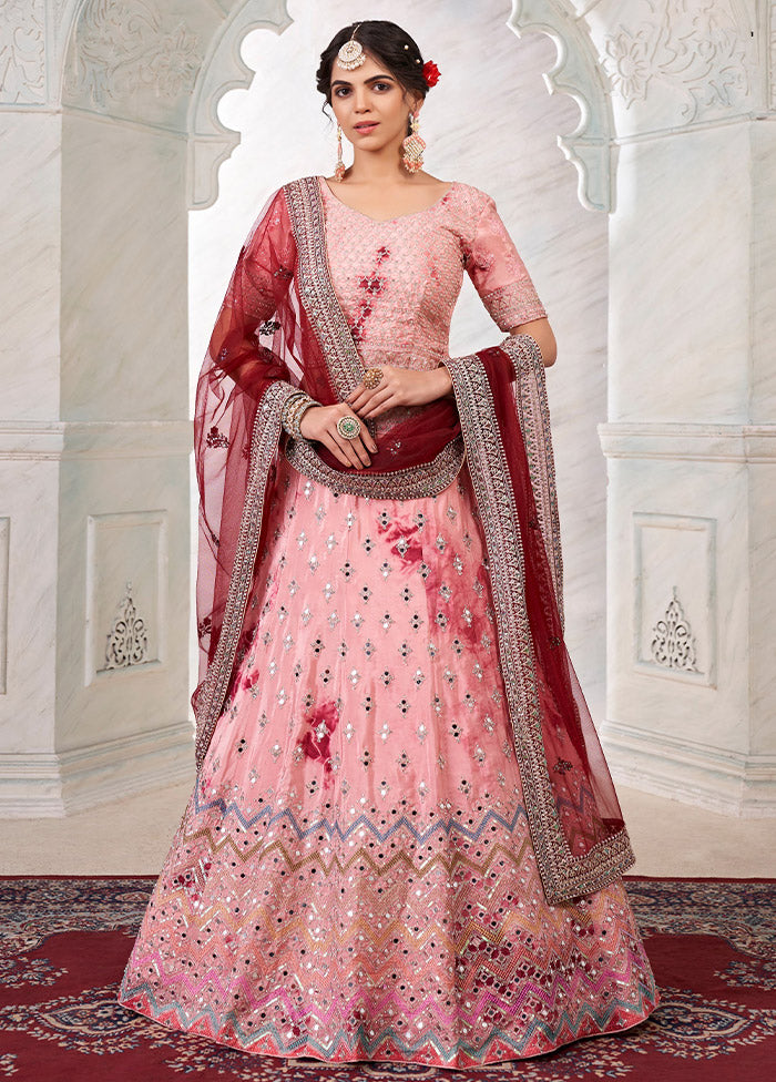 3 Pc Pink Silk Semi Stitched Lehenga Set