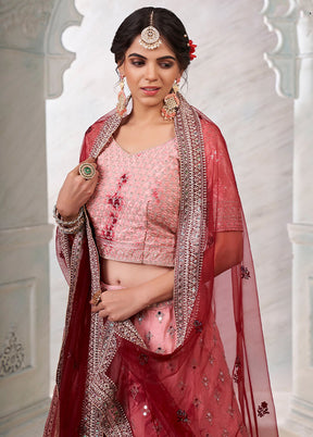 3 Pc Pink Silk Semi Stitched Lehenga Set