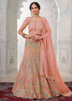 3 Pc Peach Net Semi Stitched Lehenga Set