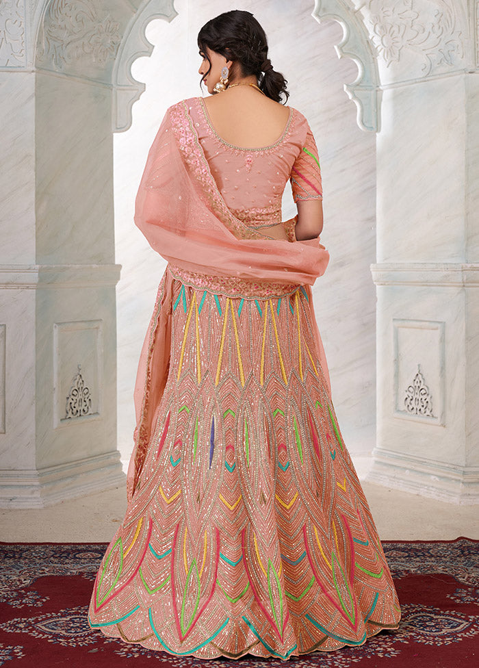 3 Pc Peach Net Semi Stitched Lehenga Set