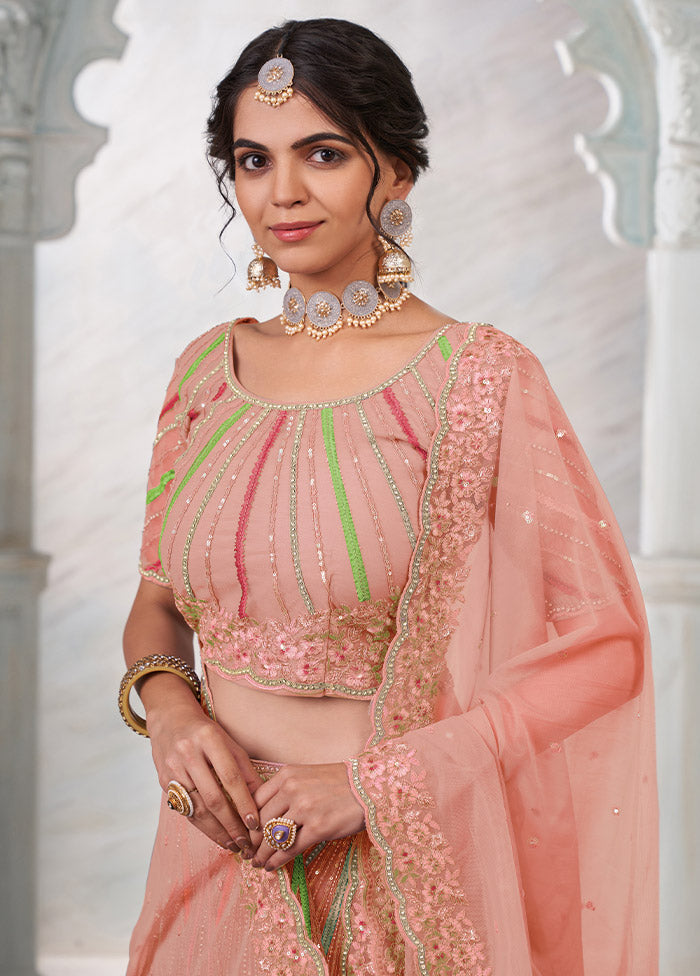 3 Pc Peach Net Semi Stitched Lehenga Set