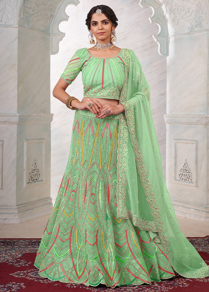 3 Pc Green Net Semi Stitched Lehenga Set