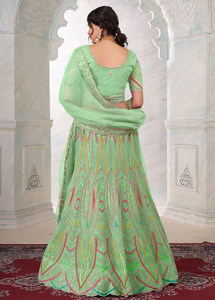 3 Pc Green Net Semi Stitched Lehenga Set