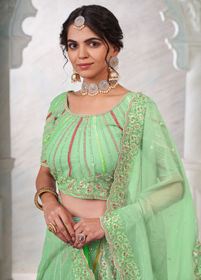 3 Pc Green Net Semi Stitched Lehenga Set