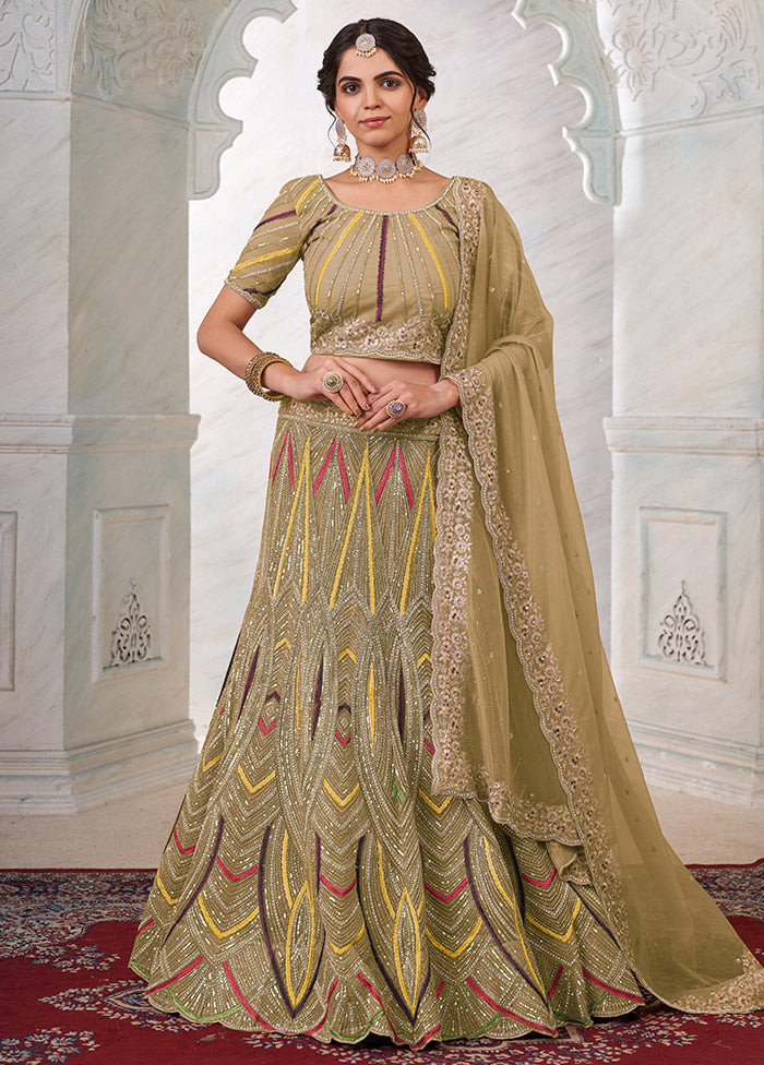 3 Pc Beige Net Semi Stitched Lehenga Set