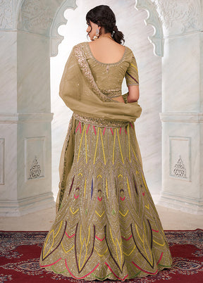 3 Pc Beige Net Semi Stitched Lehenga Set