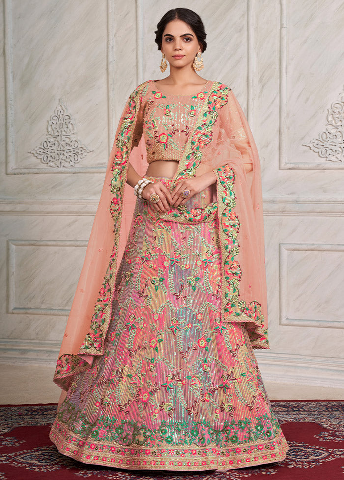 3 Pc Pink Net Semi Stitched Lehenga Set