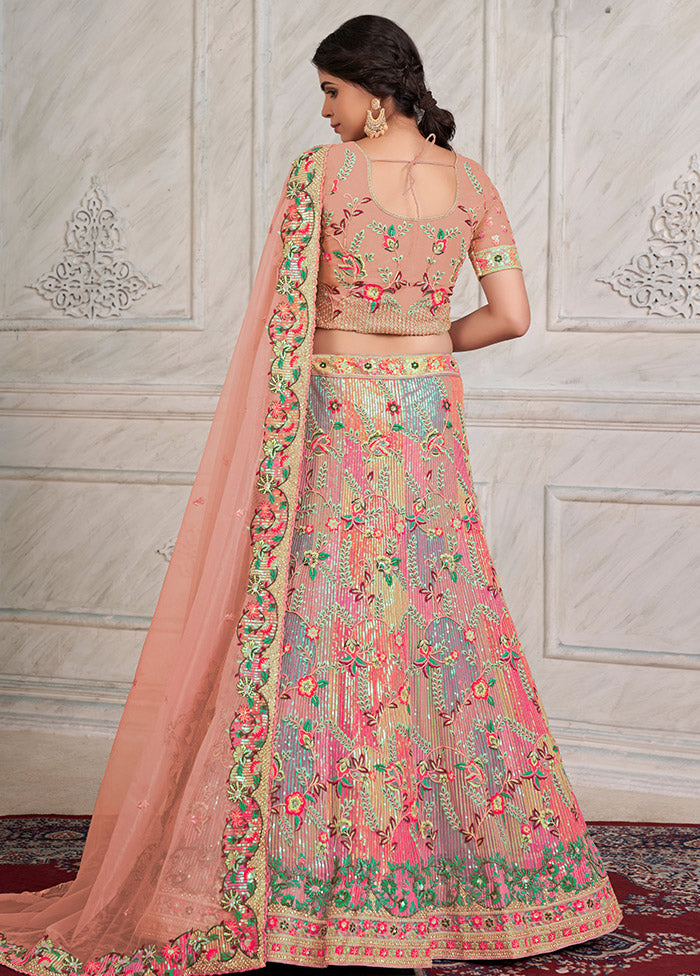 3 Pc Pink Net Semi Stitched Lehenga Set