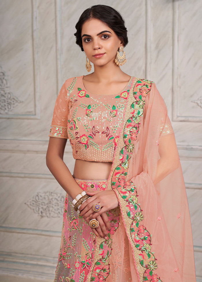 3 Pc Pink Net Semi Stitched Lehenga Set