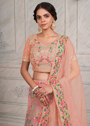 3 Pc Pink Net Semi Stitched Lehenga Set