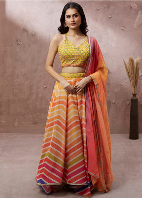 3 Pc Mustard Net Semi Stitched Lehenga Set