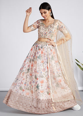 3 Pc Cream Net Semi Stitched Lehenga Set