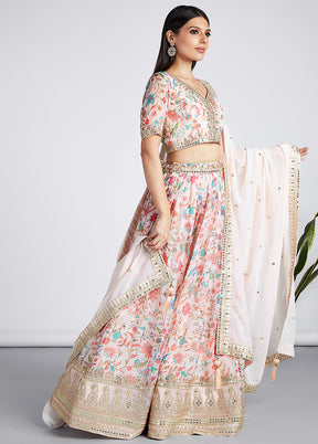 3 Pc Cream Net Semi Stitched Lehenga Set