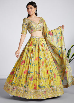 3 Pc Yellow Net Semi Stitched Lehenga Set