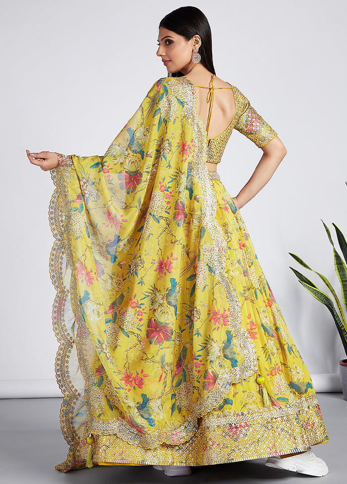 3 Pc Yellow Net Semi Stitched Lehenga Set