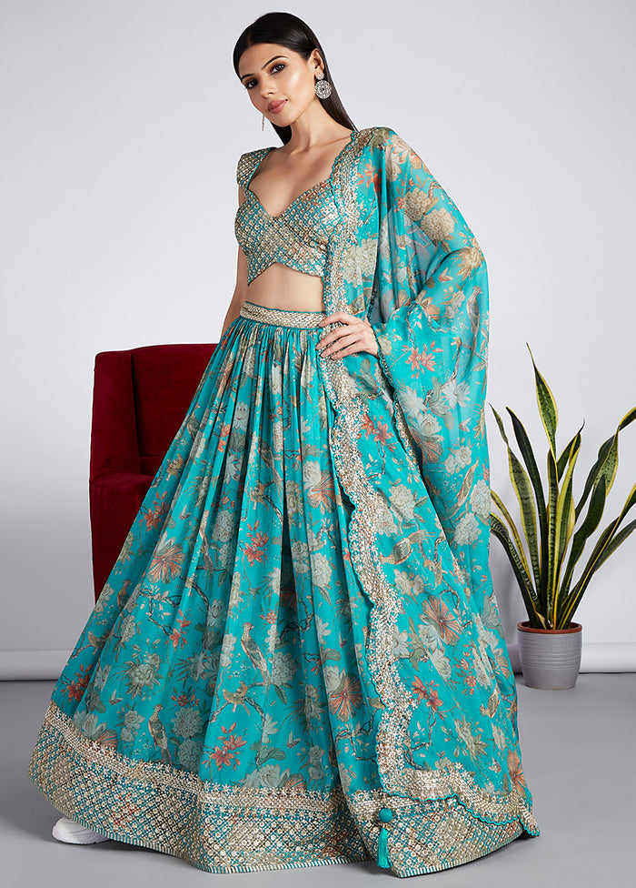 3 Pc Sea Green Net Semi Stitched Lehenga Set