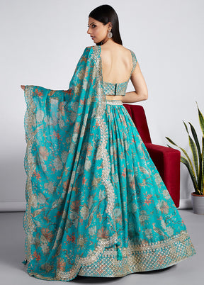 3 Pc Sea Green Net Semi Stitched Lehenga Set