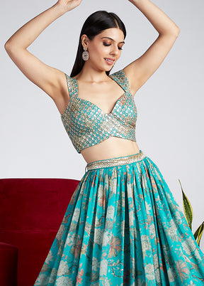 3 Pc Sea Green Net Semi Stitched Lehenga Set