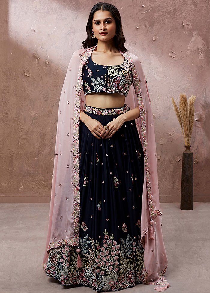 3 Pc Navy Blue Georgette Semi Stitched Lehenga Set