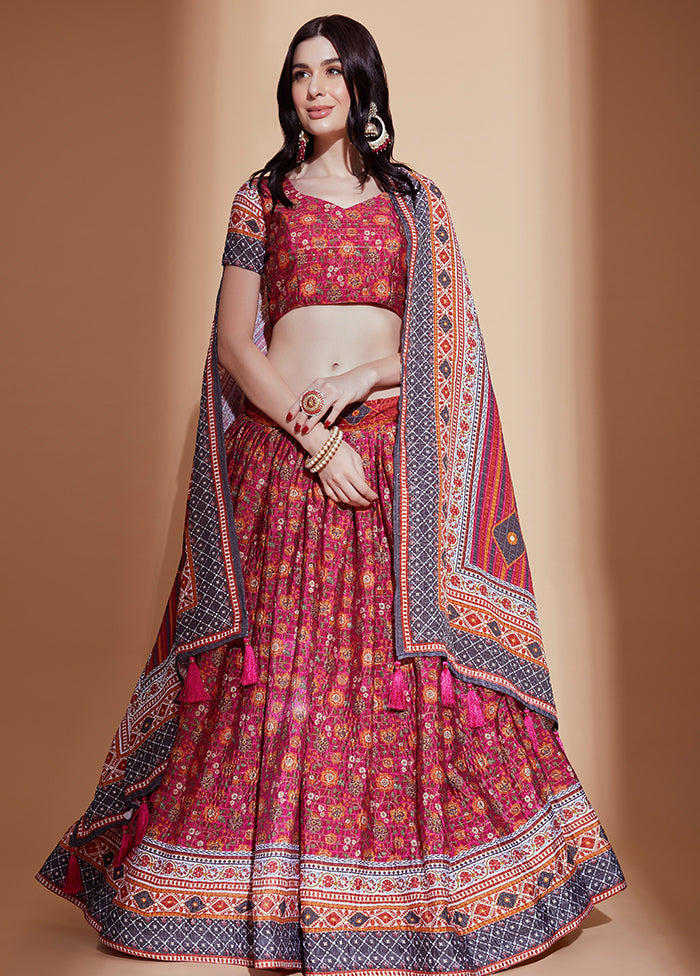 3 Pc Pink Silk Semi Stitched Lehenga Set