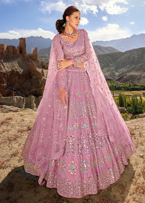 3 Pc Pink Net Semi Stitched Lehenga Set