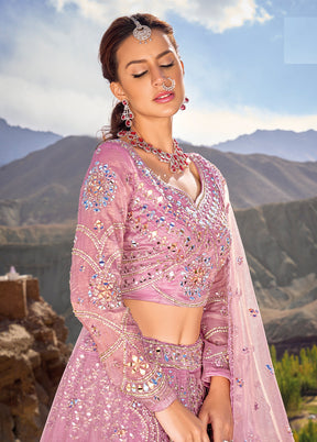 3 Pc Pink Net Semi Stitched Lehenga Set