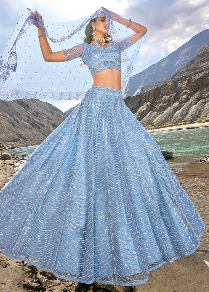 3 Pc Sky Blue Net Semi Stitched Lehenga Set