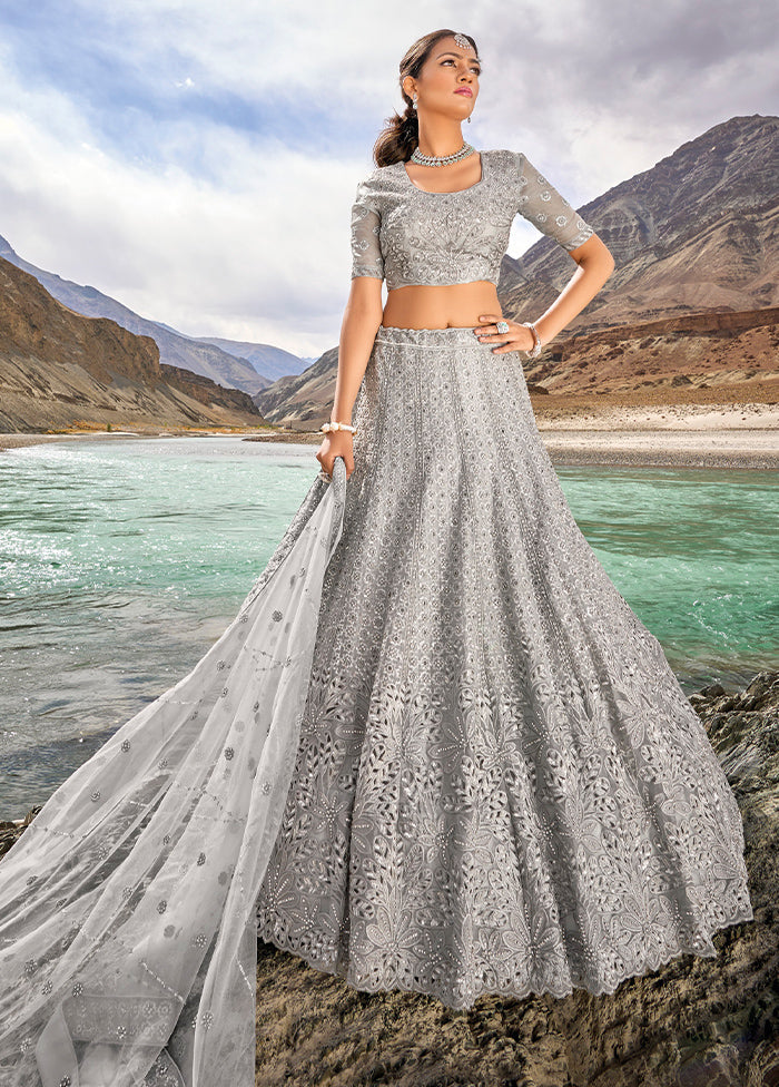 3 Pc Grey Net Semi Stitched Lehenga Set - Indian Silk House Agencies