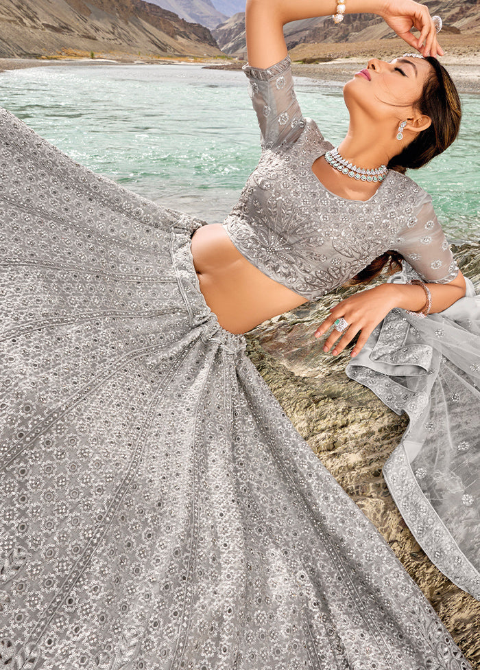 3 Pc Grey Net Semi Stitched Lehenga Set - Indian Silk House Agencies