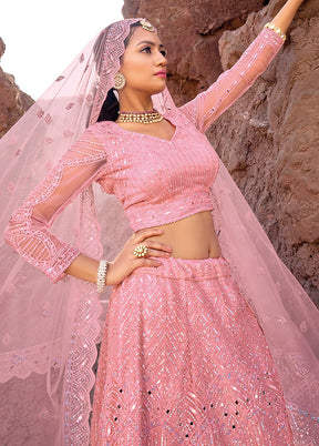 3 Pc Pink Net Semi Stitched Lehenga Set