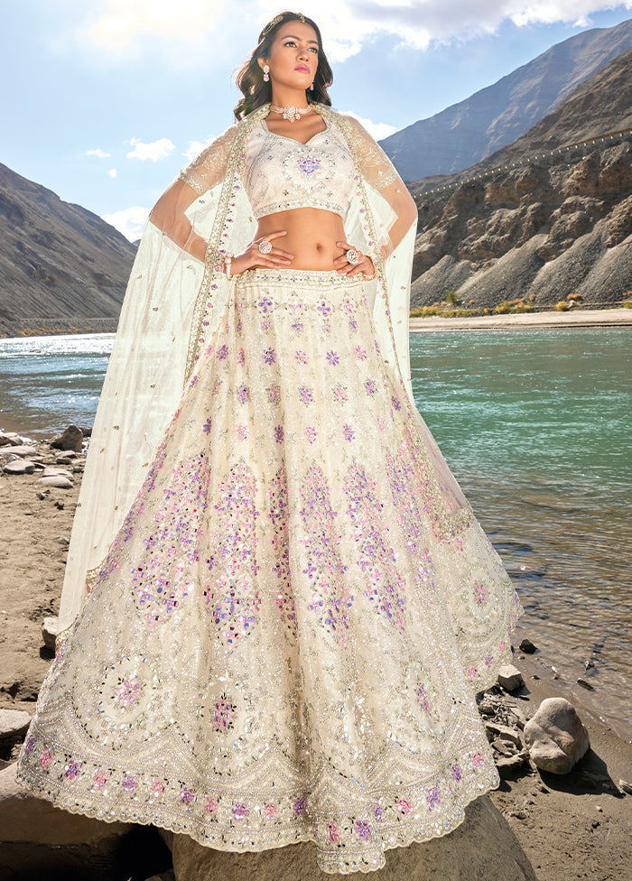 3 Pc Off White Net Semi Stitched Lehenga Set - Indian Silk House Agencies