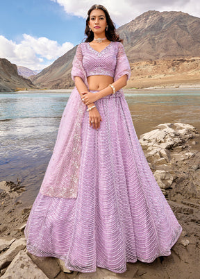 3 Pc Lavender Net Semi Stitched Lehenga Set