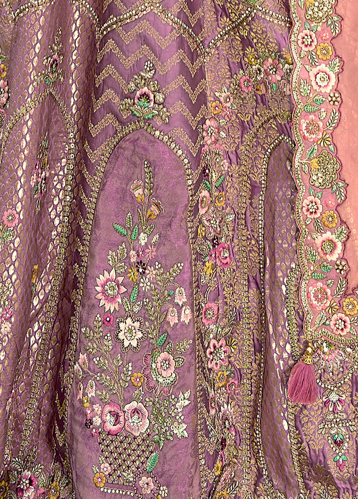 3 Pc Lavender Silk Semi Stitched Lehenga Set