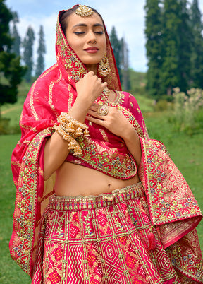 3 Pc Pink Silk Semi Stitched Lehenga Set