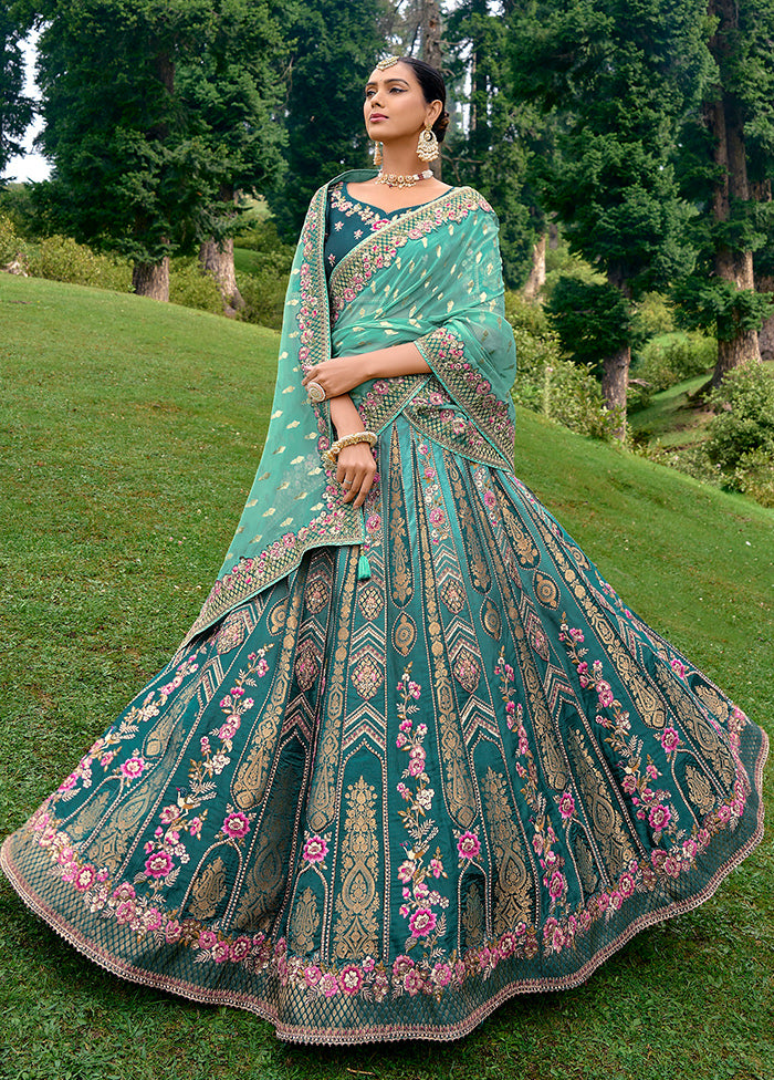 3 Pc Green Silk Semi Stitched Lehenga Set