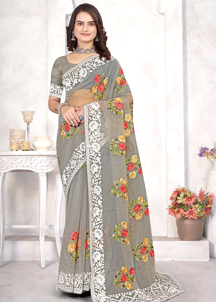 Grey Organza Saree With Blouse Piece - Indian Silk House Agencies